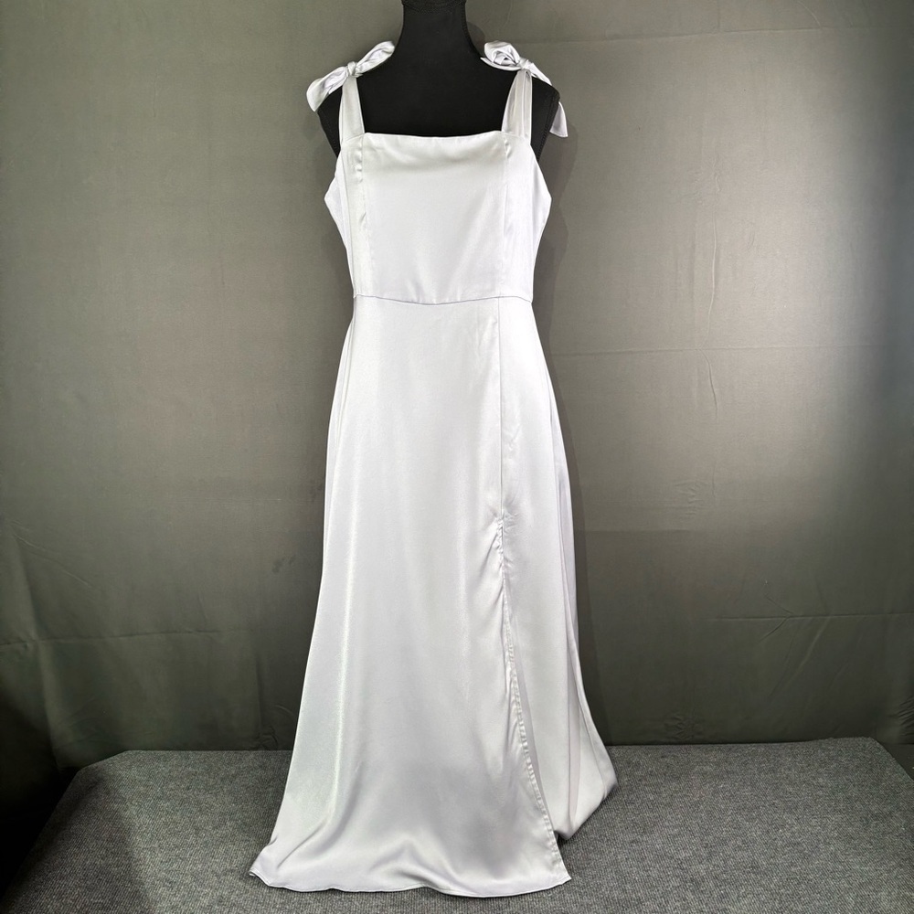 NWT JessaKae Dress Women M Satin Tie Strap Gown Formal Wedding Minimalist Silver